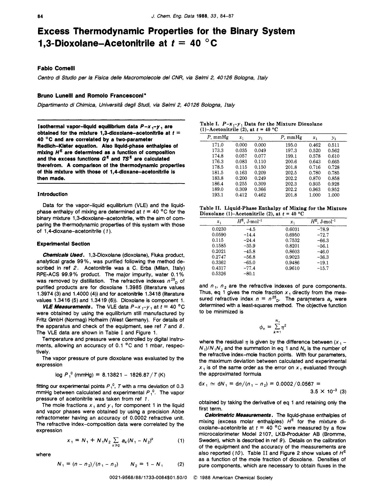 Excess thermodynamic properties for the binary system 1,3-dioxolane-acetonitrile at t = 40.degree.C by Fabio Comelli Bruno Lunelli Romolo Francesconi