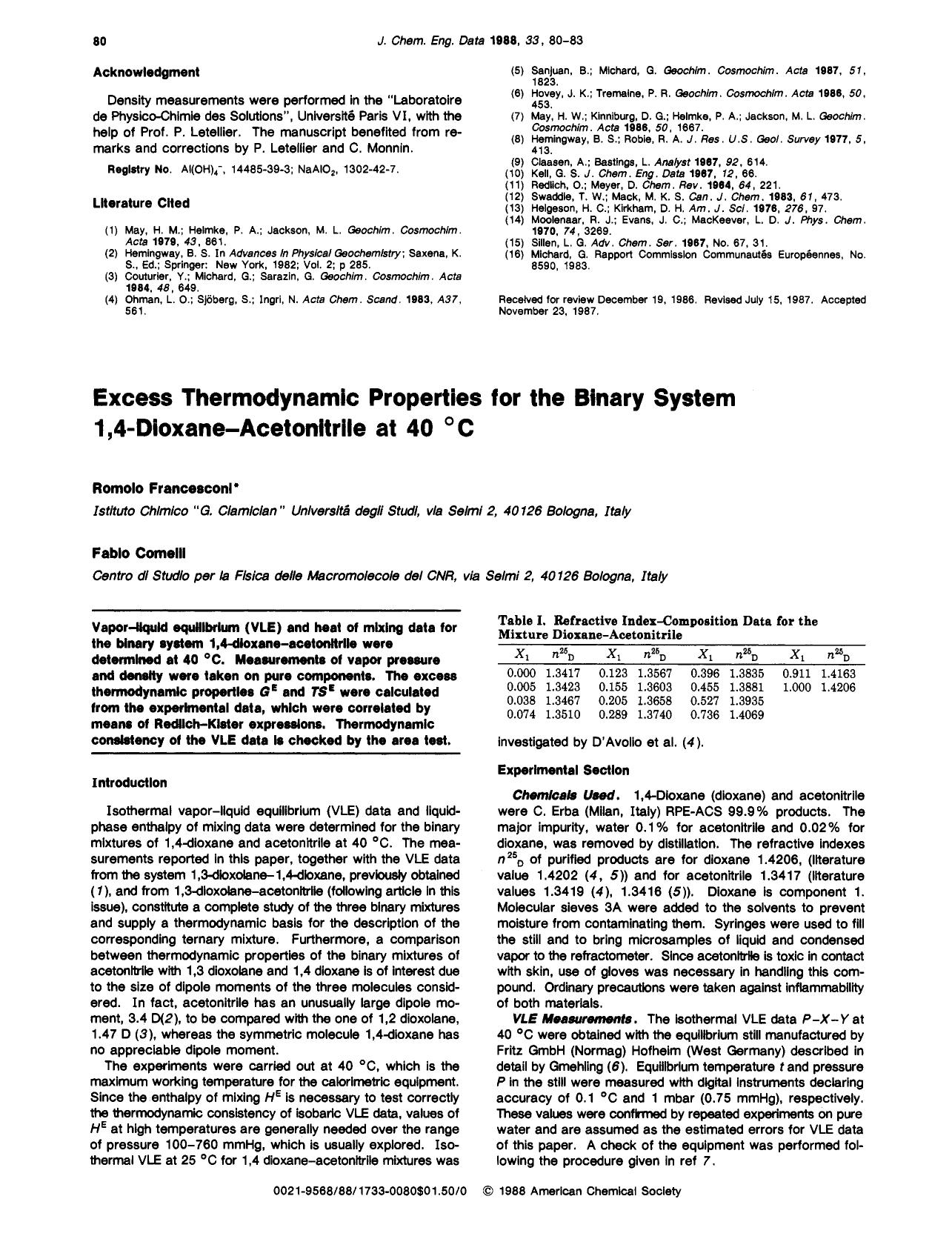 Excess thermodynamic properties for the binary system 1,4-dioxane-acetonitrile at 40.degree.C by Romolo Francesconi Fabio Comelli