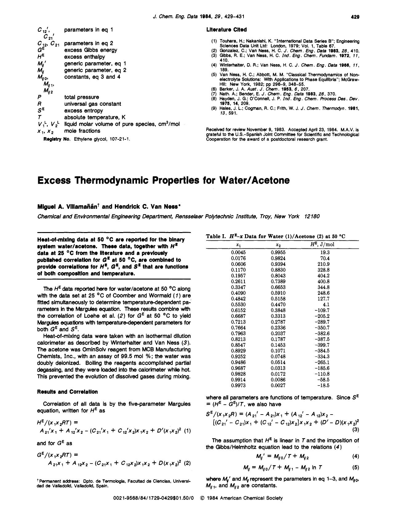 Excess thermodynamic properties for wateracetone by Miguel A. Villamanan Hendrick C. Van Ness