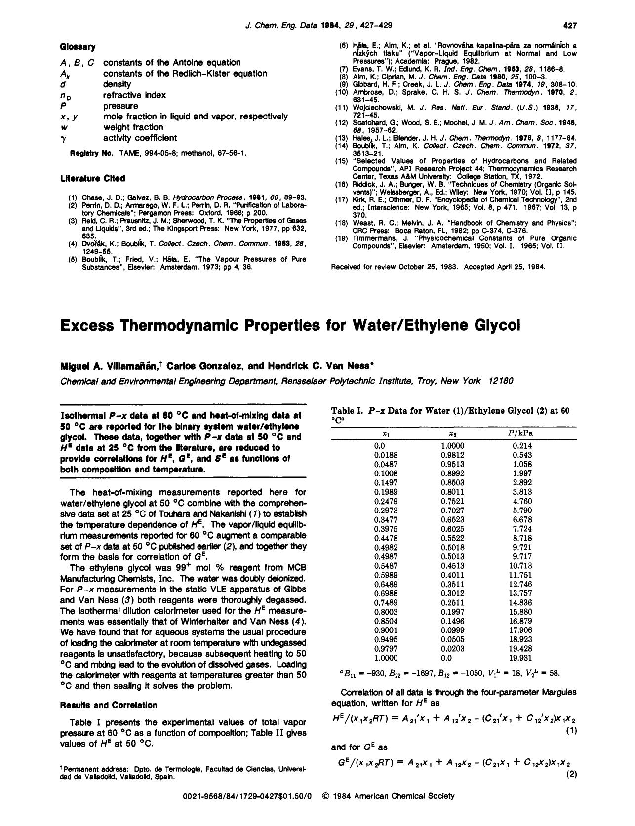 Excess thermodynamic properties for waterethylene glycol by Miguel A. Villamanan Carlos Gonzalez Hendrick C. Van Ness