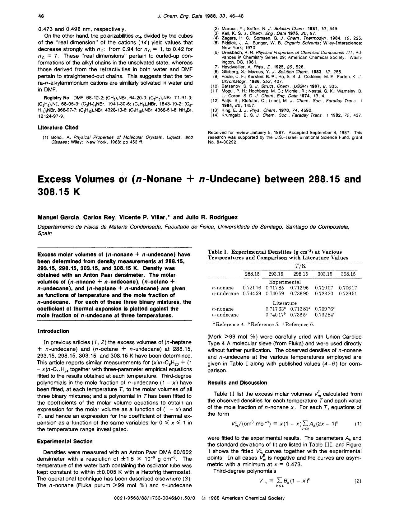 Excess volumes of (n-nonane + n-undecane) between 288.15 and 308.15 K by Manuel Garcia Carlos Rey Vicente Perez Villar Julio R. Rodriguez