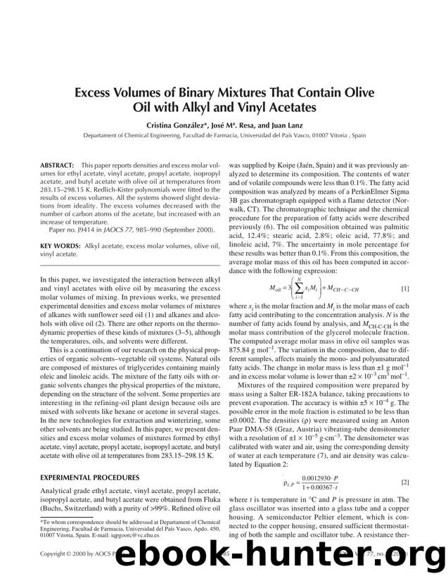 Excess volumes of binary mixtures that contain olive oil with alkyl and vinyl acetates by Unknown