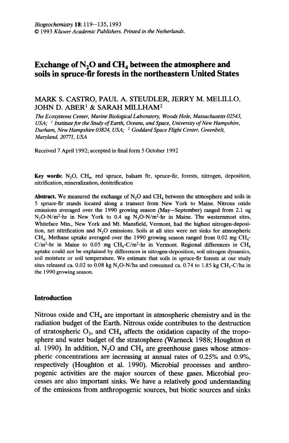Exchange of N <Subscript>2 <Subscript>O and CH <Subscript>4 <Subscript> between the atmosphere and soils in spruce-fir forests in the northeastern United States by Unknown