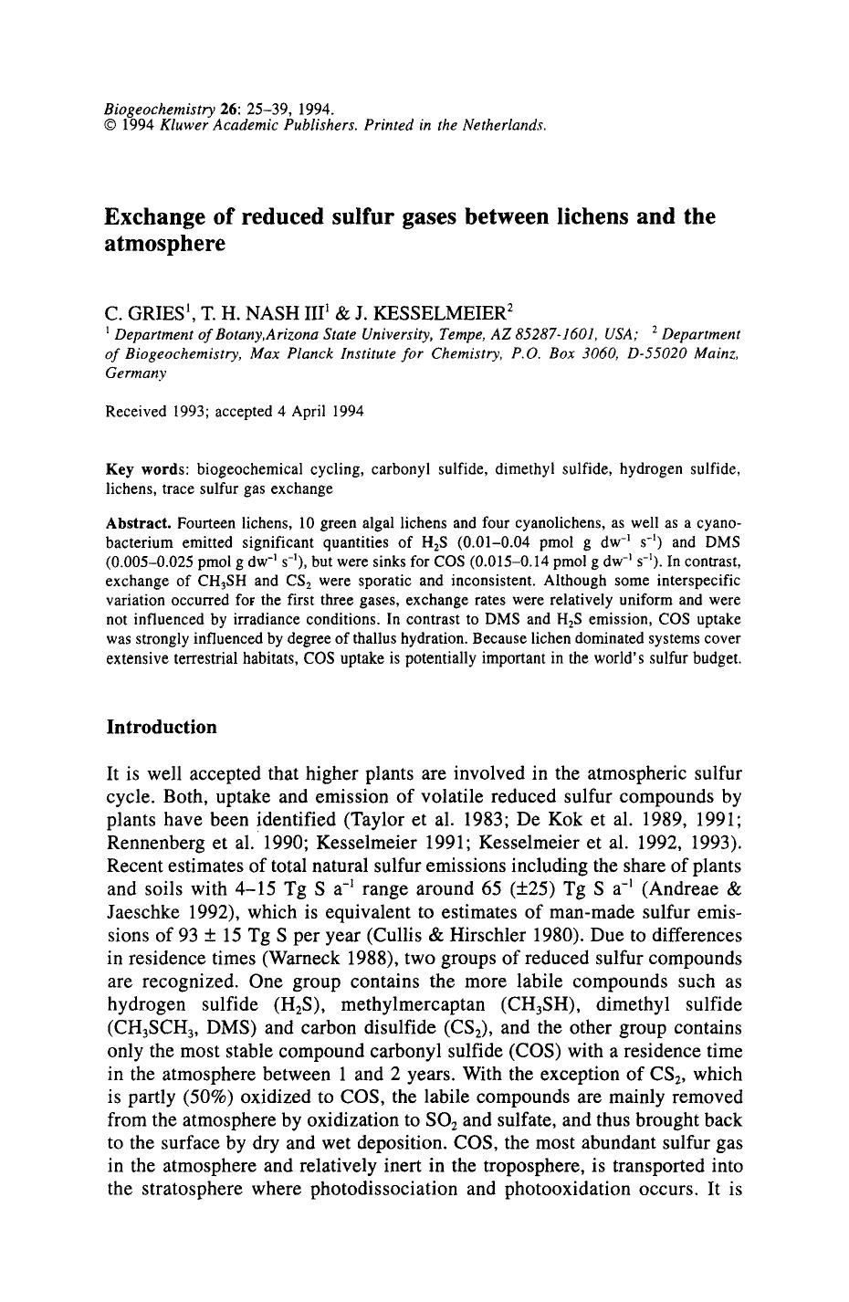 Exchange of reduced sulfur gases between lichens and the atmosphere by Unknown