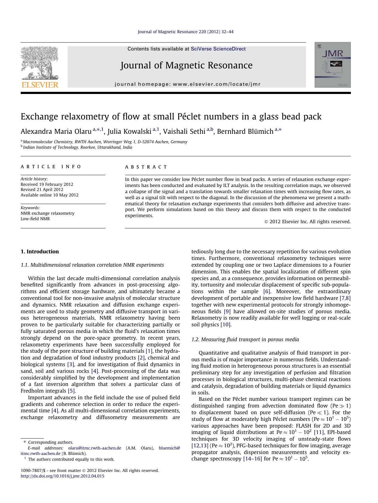 Exchange relaxometry of flow at small PÃÂ©clet numbers in a glass bead pack by Alexandra Maria Olaru & Julia Kowalski & Vaishali Sethi & Bernhard Blümich