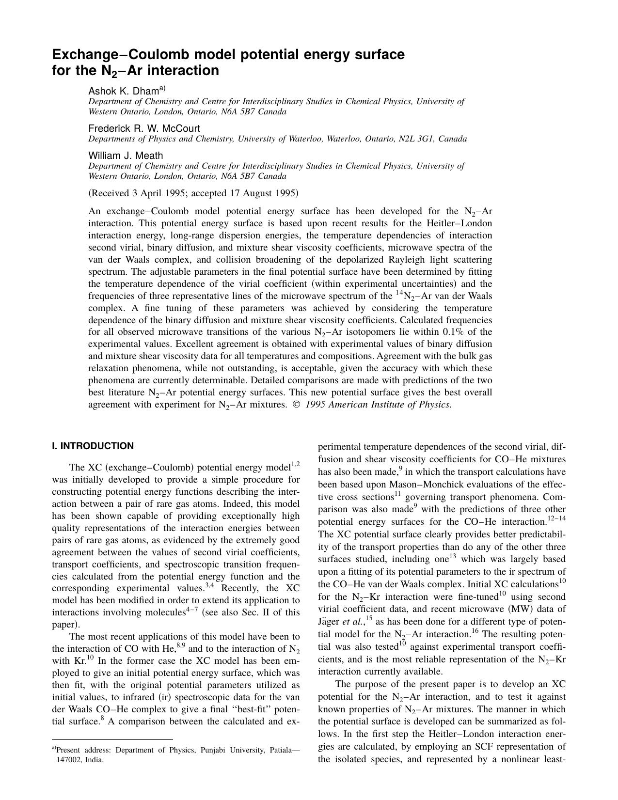 Exchange-Coulomb model potential energy surface for the N 2 -Ar interaction by Ashok K. Dham & Frederick R. W. McCourt & William J. Meath