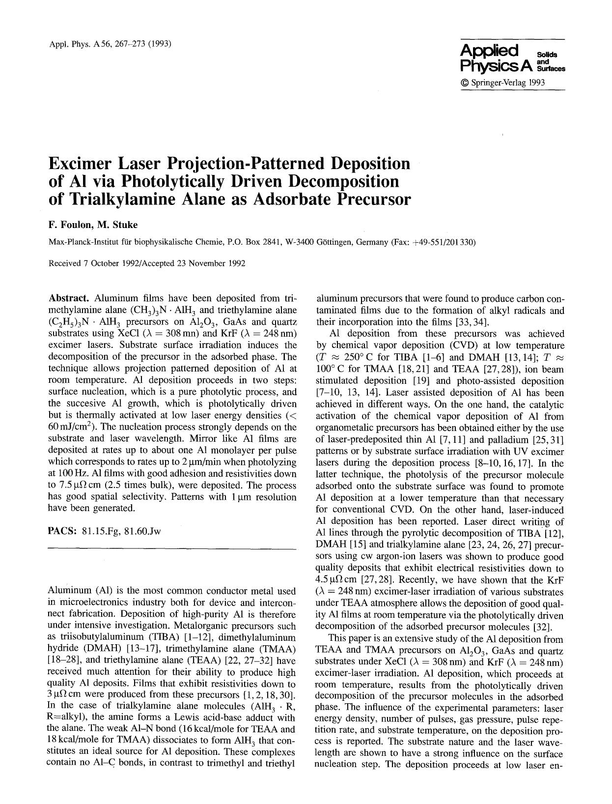 Excimer laser projection-patterned deposition of Al via photolytically driven decomposition of trialkylamine alane as adsorbate precursor by Unknown
