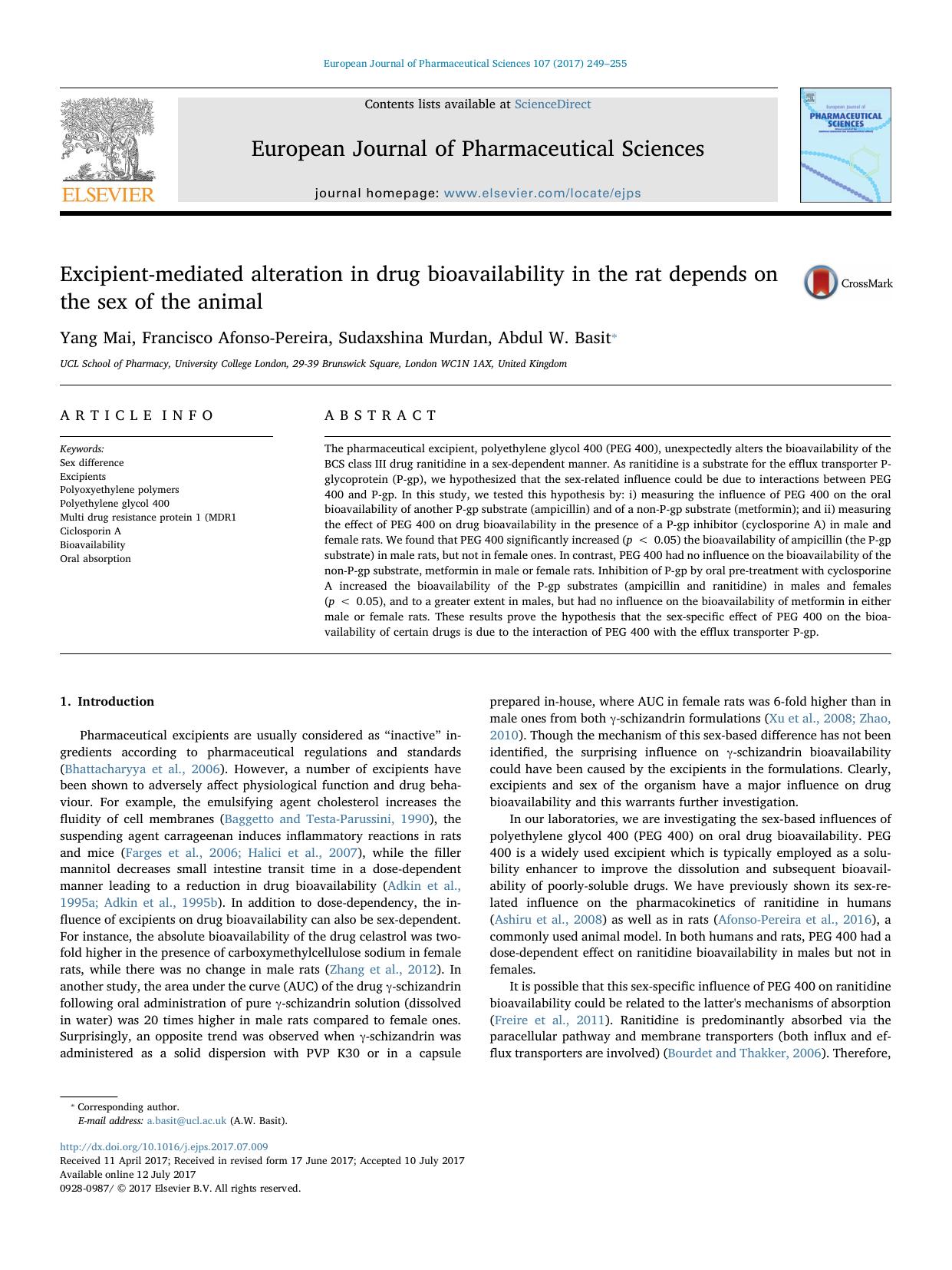 Excipient-mediated alteration in drug bioavailability in the rat depends on the sex of the animal by Yang Mai & Francisco Afonso-Pereira & Sudaxshina Murdan & Abdul W. Basit