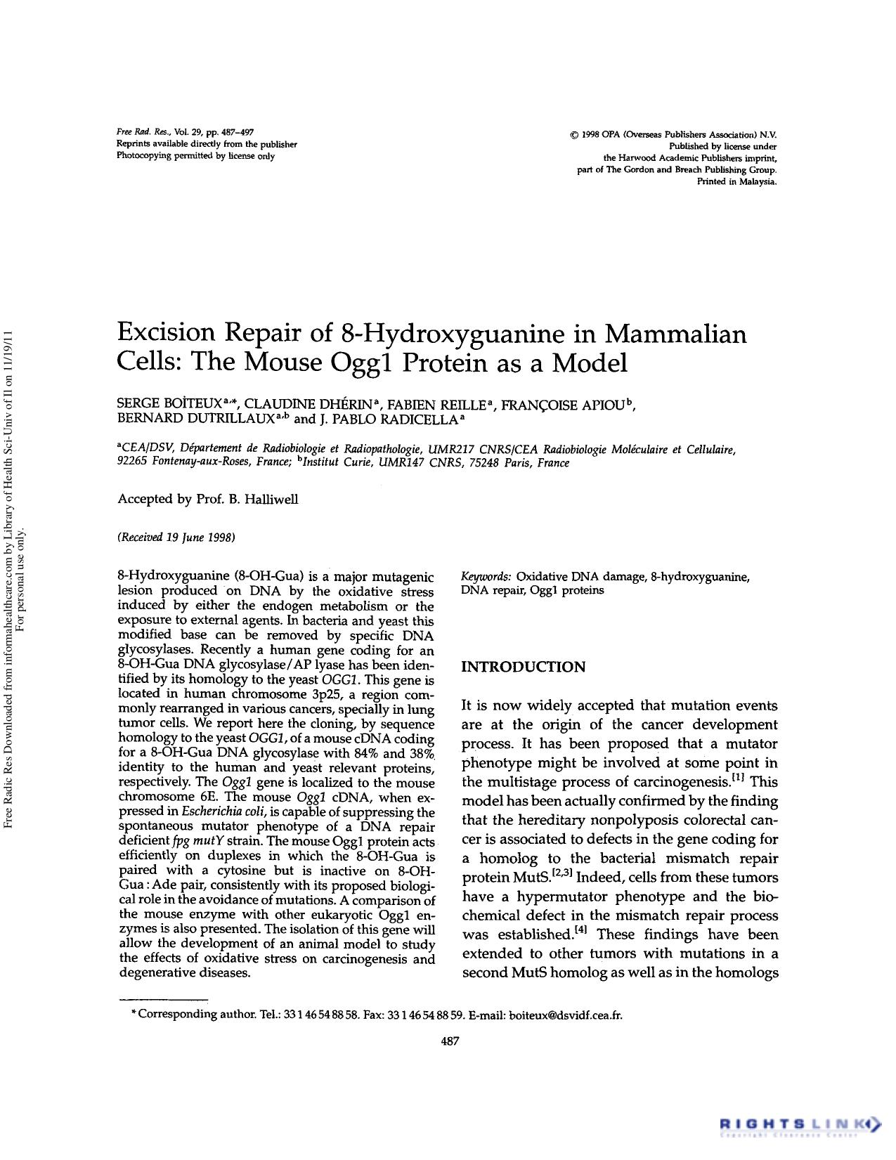 Excision repair of 8-hydroxyguanine in mammalian cells: The mouse Ogg1 protein as a model by unknow