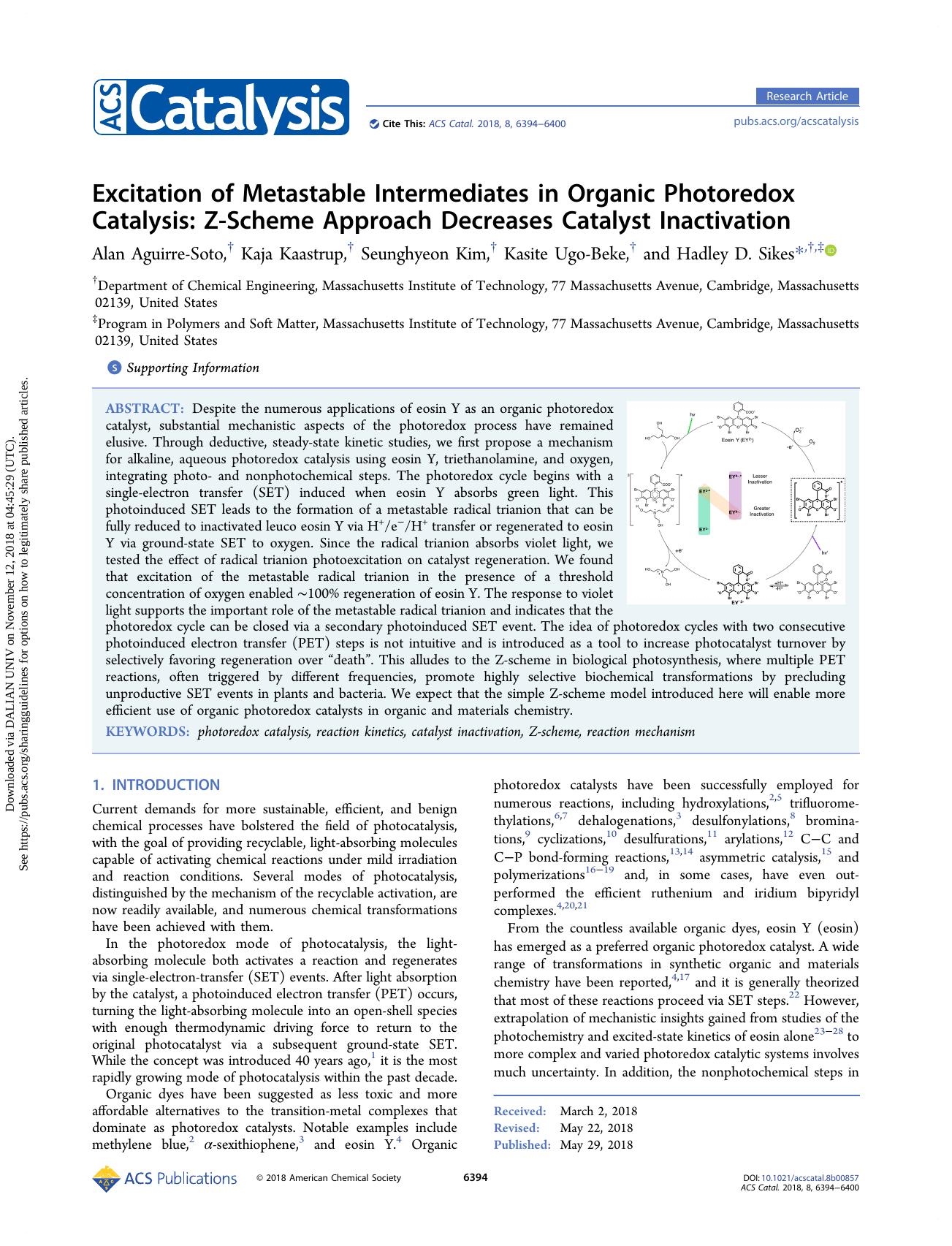 Excitation of Metastable Intermediates in Organic Photoredox Catalysis: Z-Scheme Approach Decreases Catalyst Inactivation by Alan Aguirre-Soto & Kaja Kaastrup & Seunghyeon Kim & Kasite Ugo-Beke & Hadley D. Sikes