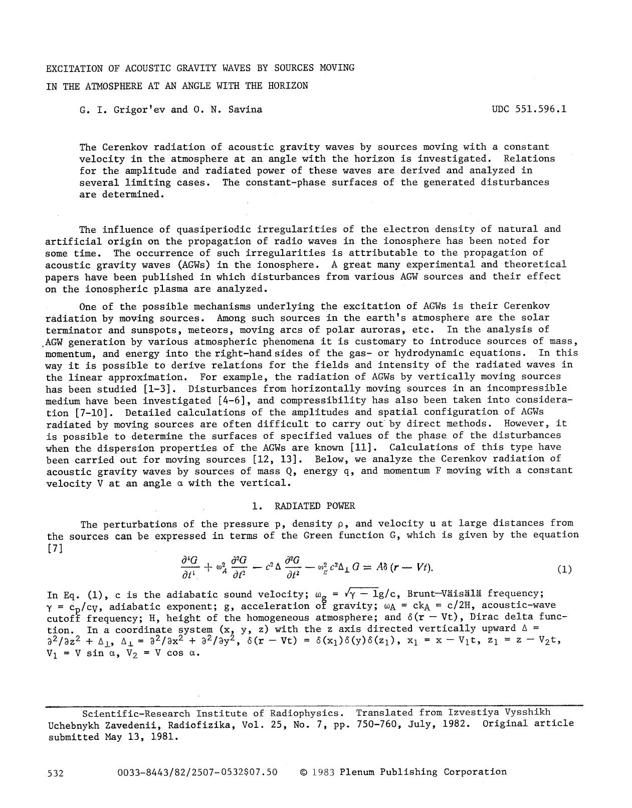 Excitation of acoustic gravity waves by sources moving in the atmosphere at an angle with the horizon by Unknown