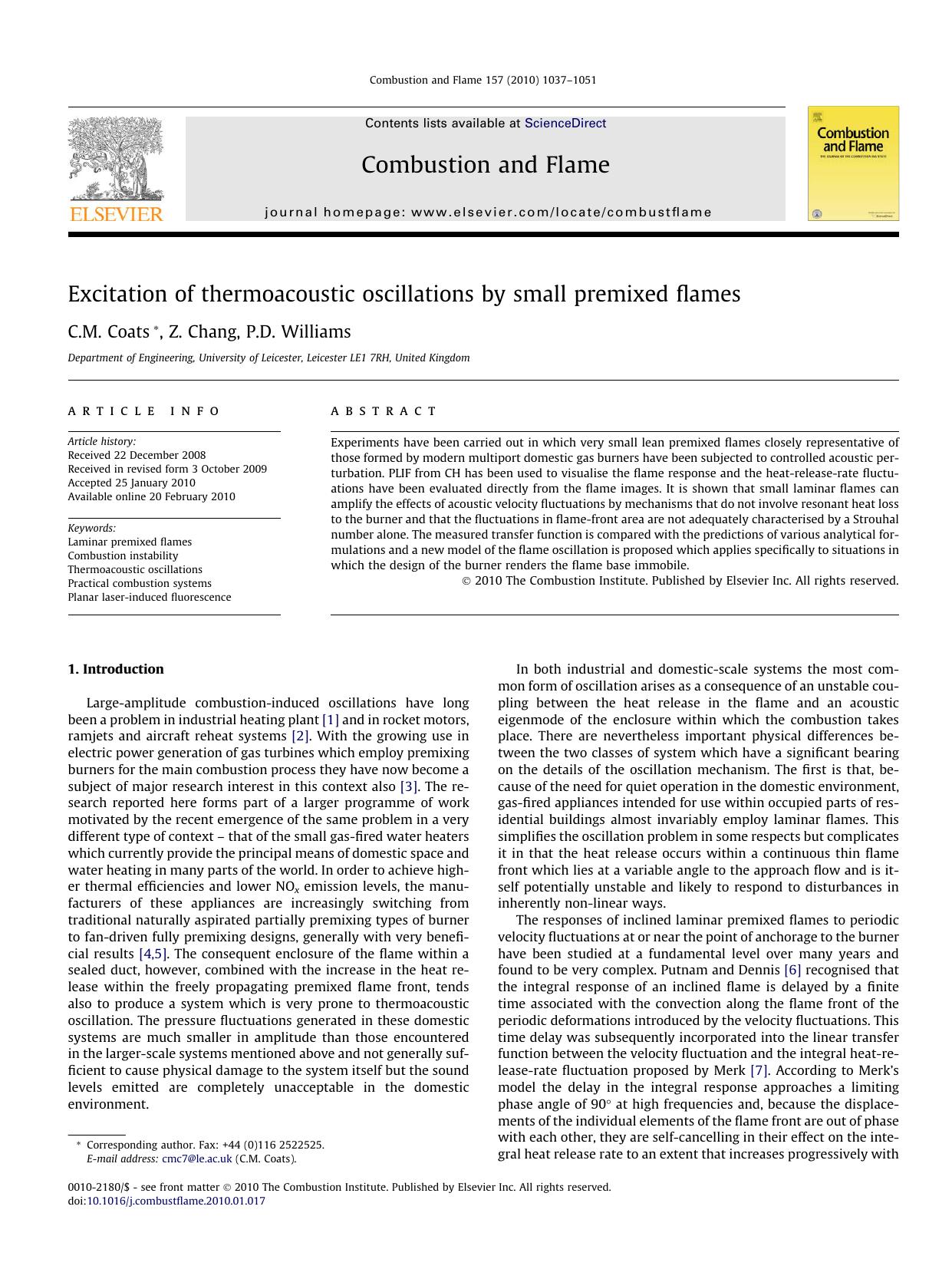 Excitation of thermoacoustic oscillations by small premixed flames by C.M. Coats; Z. Chang; P.D. Williams