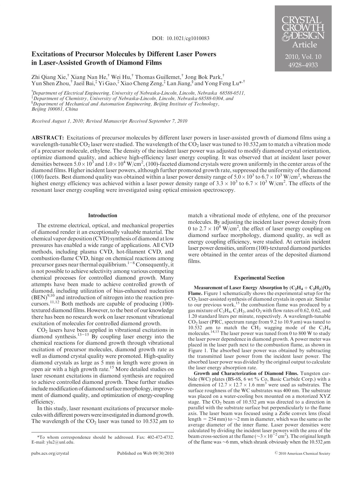 Excitations of Precursor Molecules by Different Laser Powers in Laser-Assisted Growth of Diamond Films by Unknown
