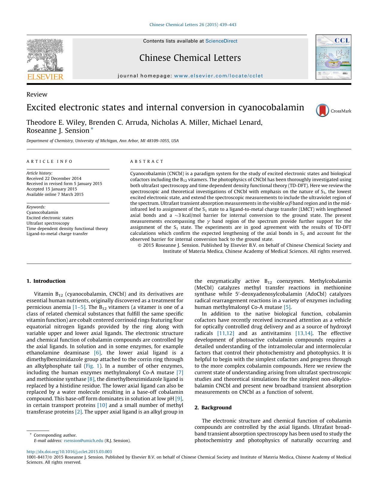 Excited electronic states and internal conversion in cyanocobalamin by Theodore E. Wiley & Brenden C. Arruda & Nicholas A. Miller & Michael Lenard & Roseanne J. Sension