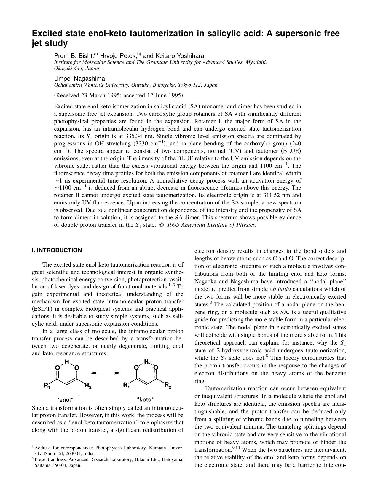 Excited state enol-keto tautomerization in salicylic acid: A supersonic free jet study by Prem B. Bisht & Hrvoje Petek & and Keitaro Yoshihara & Umpei Nagashima