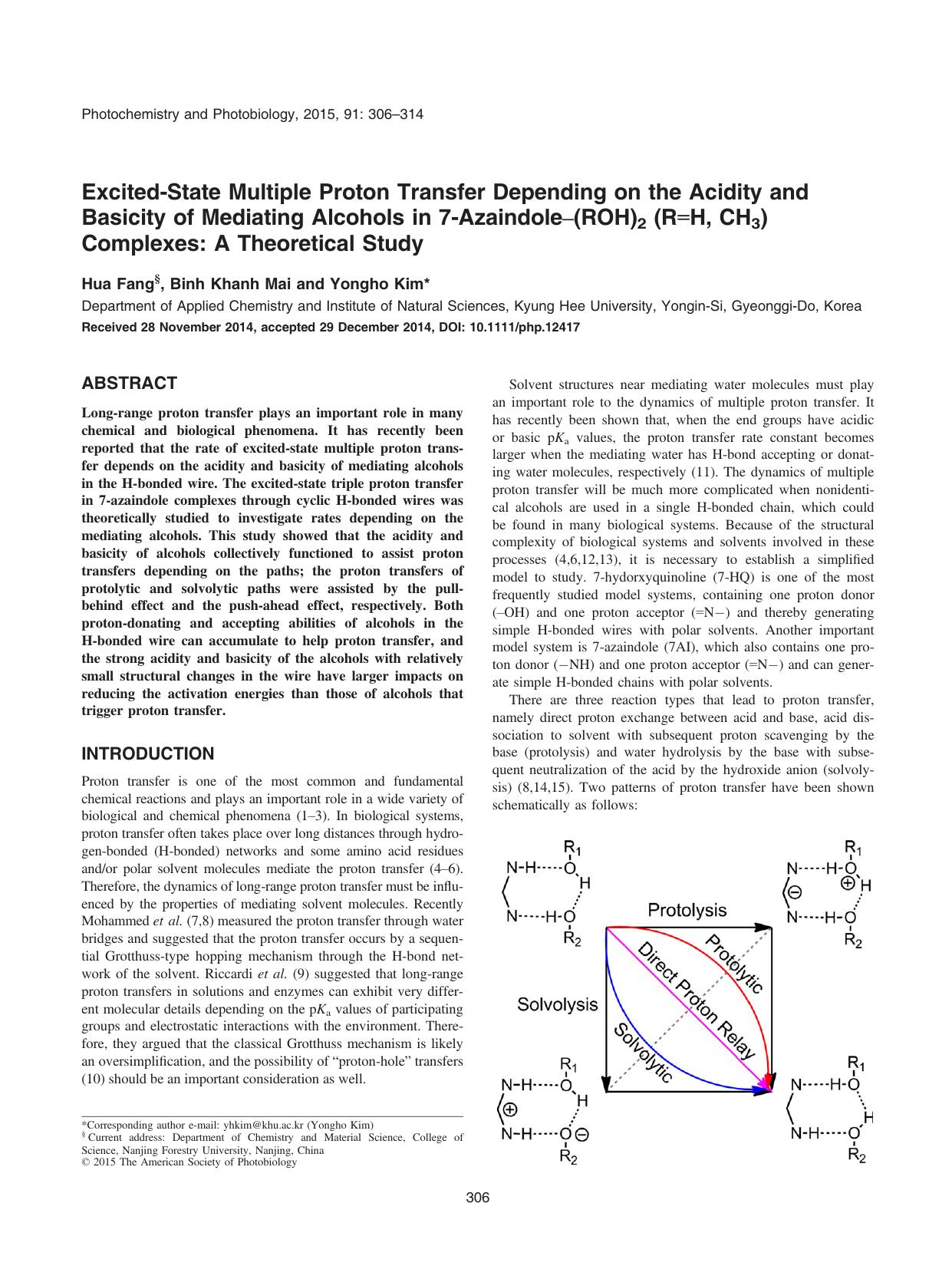 Excited‐State Multiple Proton Transfer Depending on the Acidity and Basicity of Mediating Alcohols in 7‐Azaindole–(ROH)2 (R=H, CH3) Complexes: A Theoretical Study by Unknown
