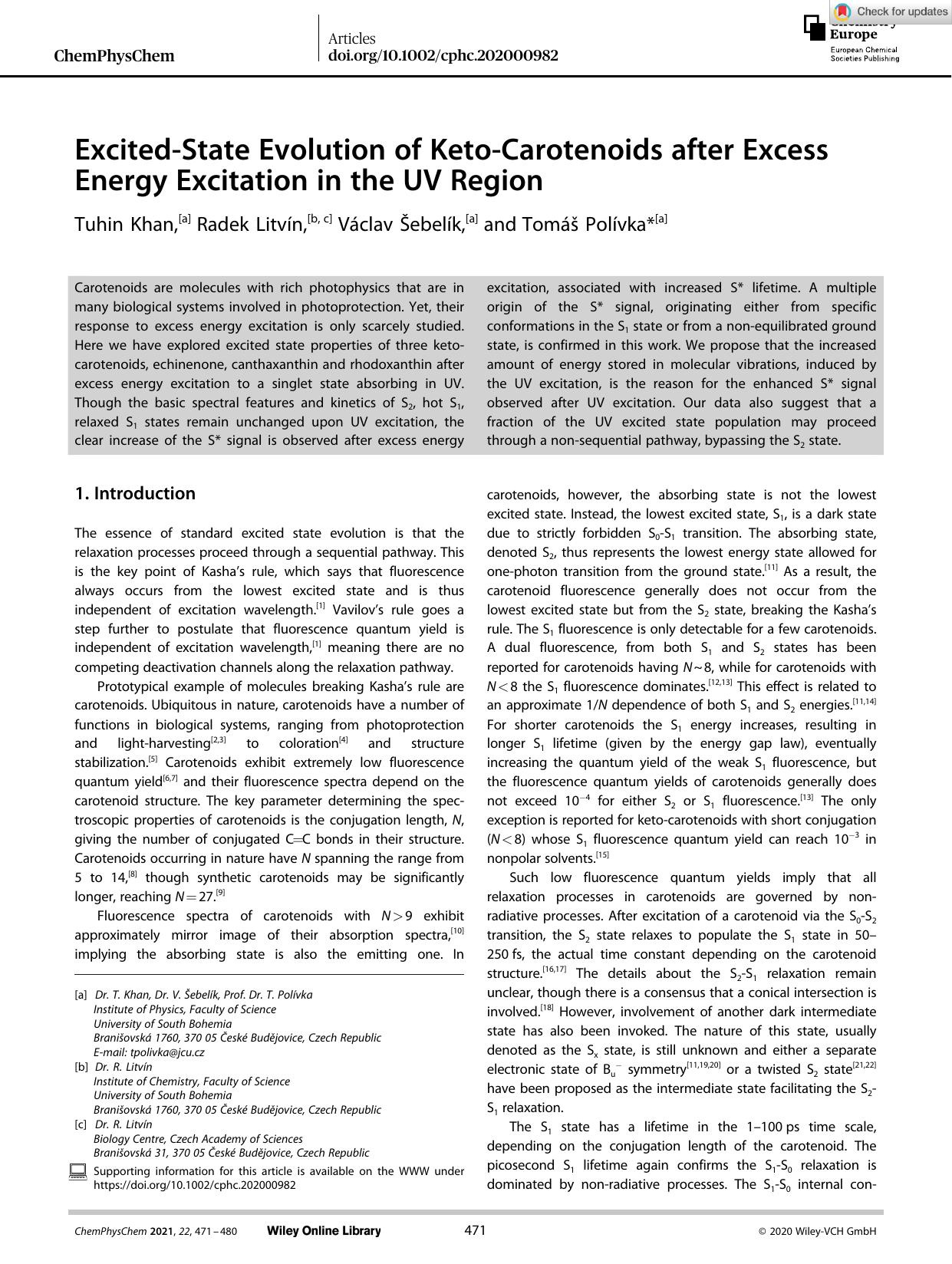 ExcitedâState Evolution of KetoâCarotenoids after Excess Energy Excitation in the UV Region by Unknown