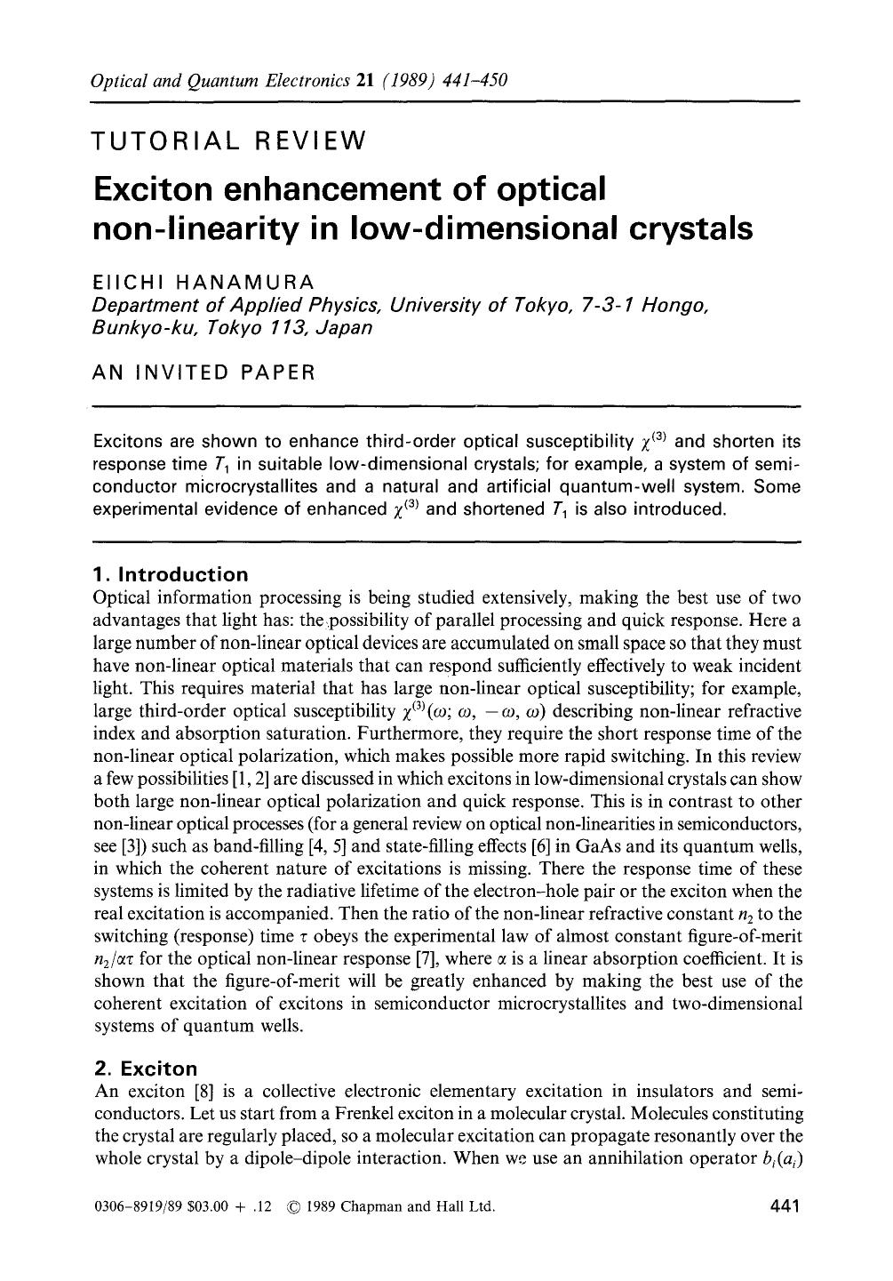 Exciton enhancement of optical non-linearity in low-dimensional crystals by Unknown