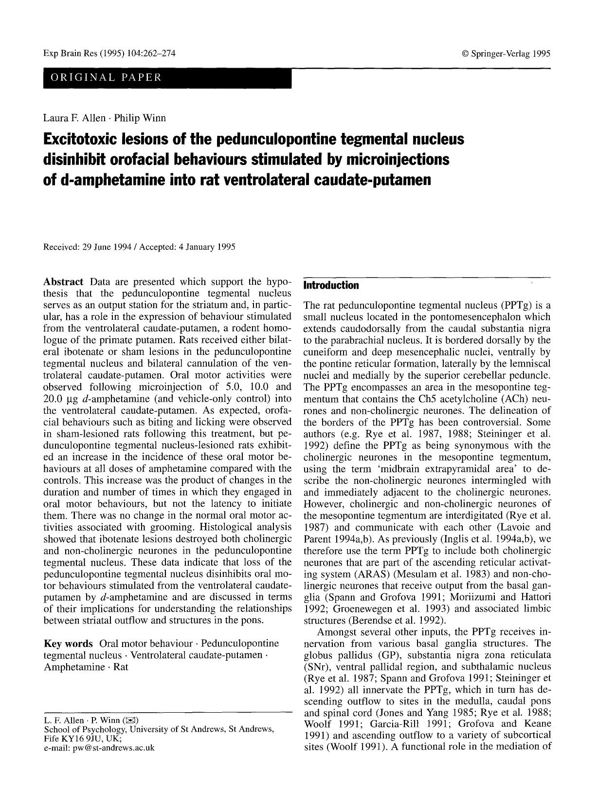 Excitotoxic lesions of the pedunculopontine tegmental nucleus disinhibit orofacial behaviours stimulated by microinjections of d-amphetamine into rat ventrolateral caudate-putamen by Unknown