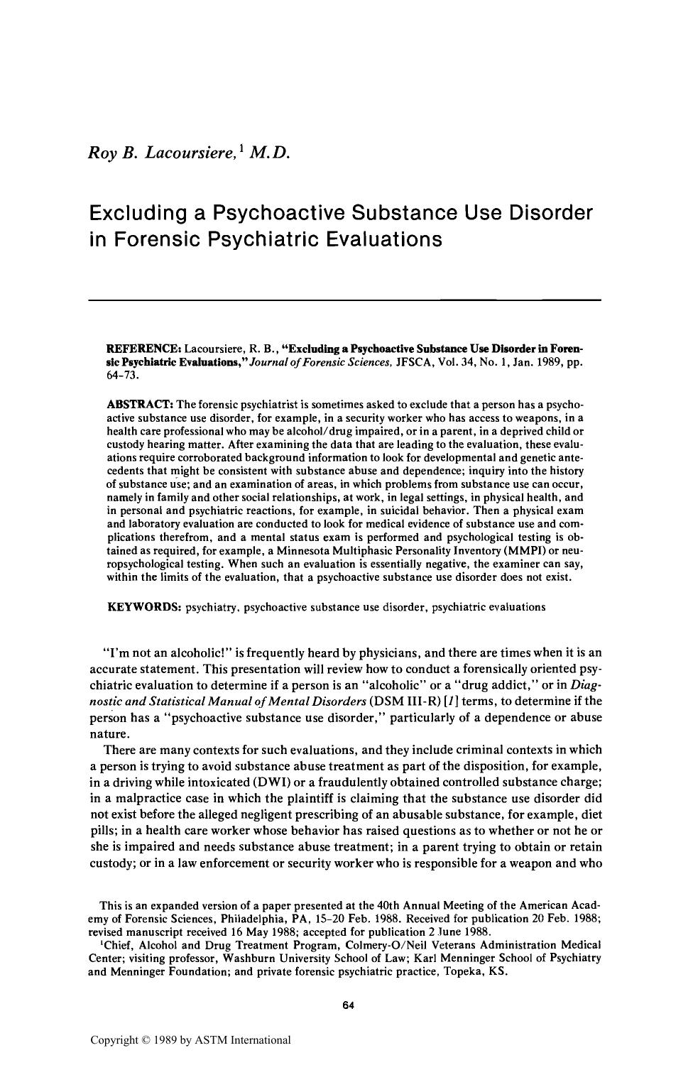 Excluding a Psychoactive Substance Use Disorder in Forensic Psychiatric Evaluations by Lacoursiere RB