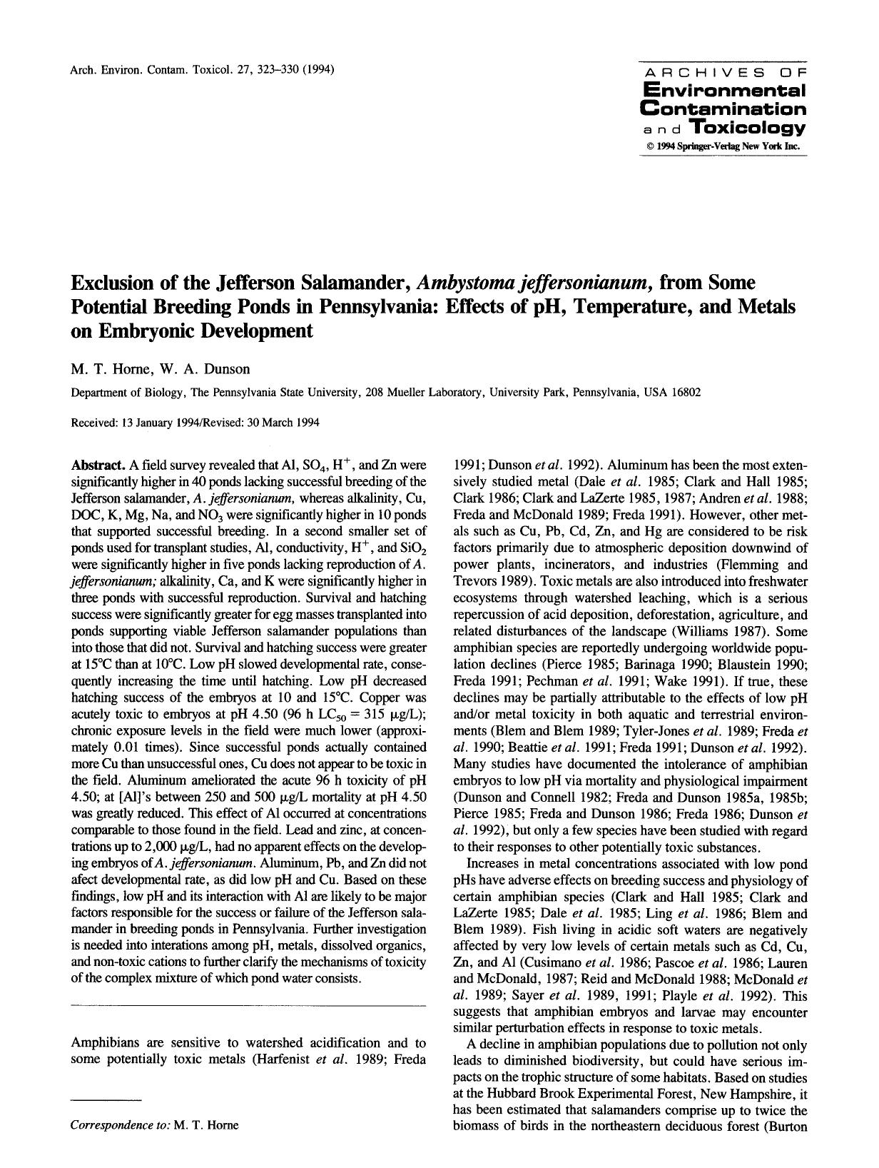 Exclusion of the Jefferson salamander, <Emphasis Type="Italic">Ambystoma jeffersonianum<Emphasis>, from some potential breeding ponds in Pennsylvania: Effects of pH, temperature, a by Unknown