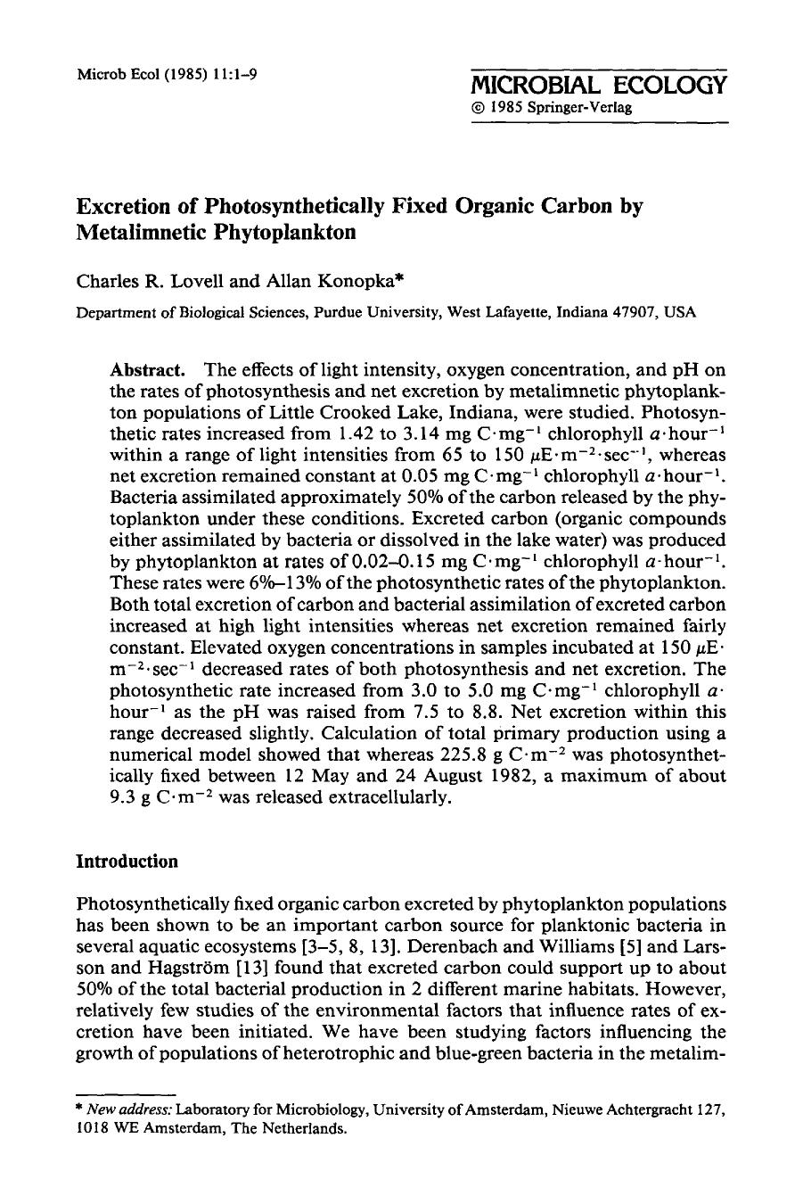 Excretion of photosynthetically fixed organic carbon by metalimnetic phytoplankton by Unknown