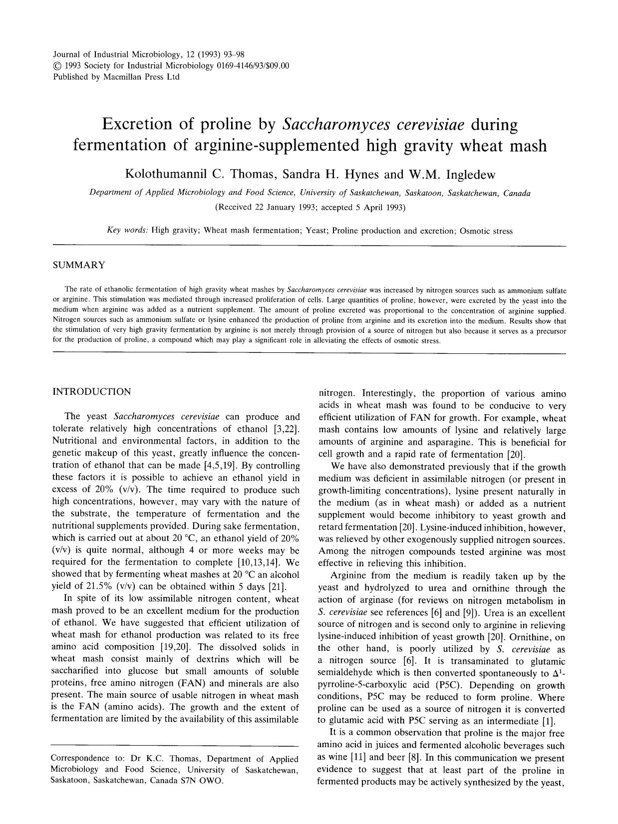 Excretion of proline by <Emphasis Type="Italic">Saccharomyces cerevisiae <Emphasis> during fermentation of arginine-supplemented high gravity wheat mash by Unknown