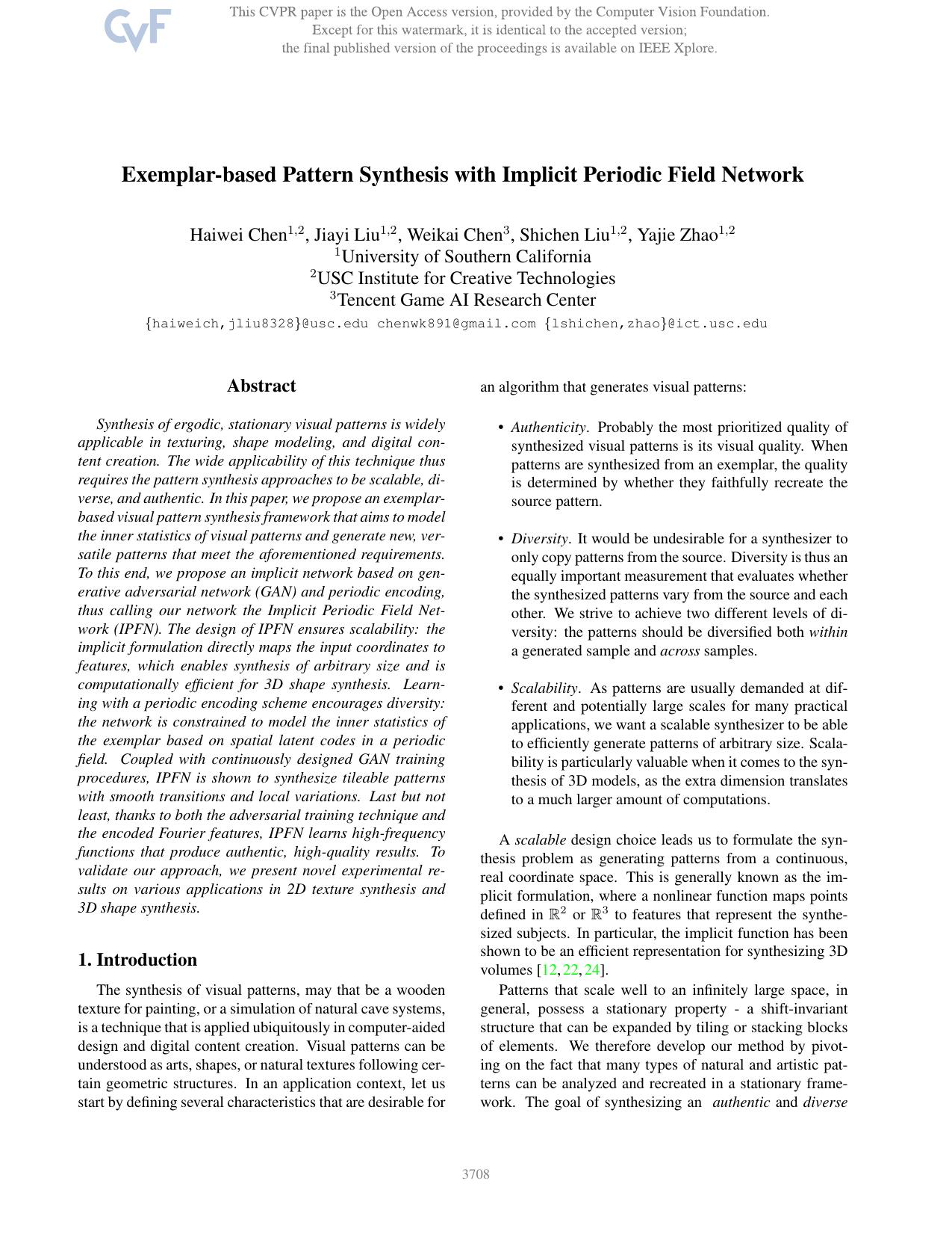 Exemplar-Based Pattern Synthesis With Implicit Periodic Field Network by Haiwei Chen & Jiayi Liu & Weikai Chen & Shichen Liu & Yajie Zhao