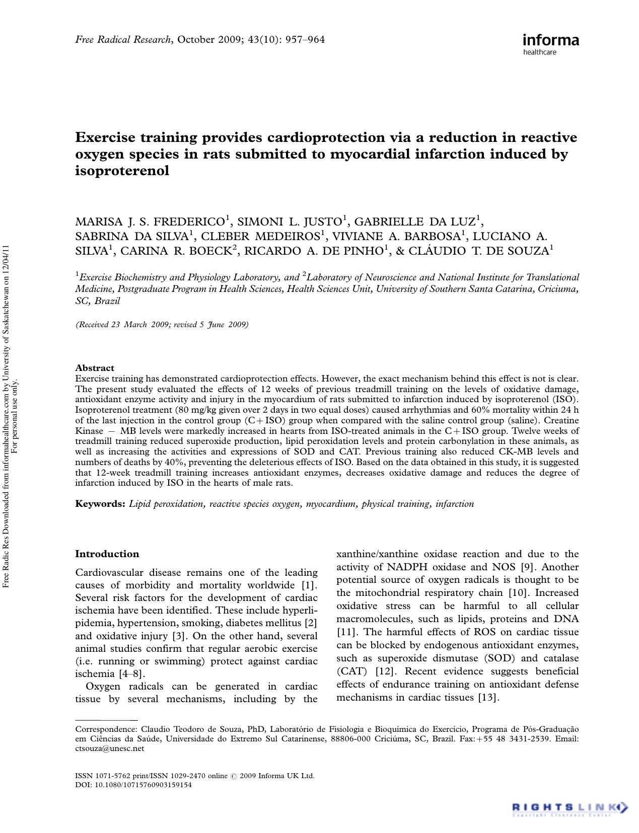 Exercise training provides cardioprotection via a reduction in reactive oxygen species in rats submitted to myocardial infarction induced by isoproterenol by unknow