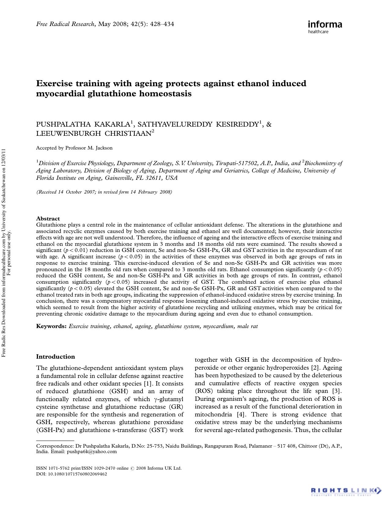 Exercise training with ageing protects against ethanol induced myocardial glutathione homeostasis by Dr Pushpalatha Kakarla1† Sathyavelureddy Kesireddy1 & Leeuwenburgh Christiaan2