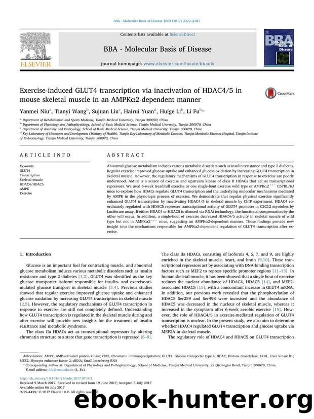 Exercise-induced GLUT4 transcription via inactivation of HDAC45 in mouse skeletal muscle in an AMPKÎ±2-dependent manner by Yanmei Niu & Tianyi Wang & Sujuan Liu & Hairui Yuan & Huige Li & Li Fu