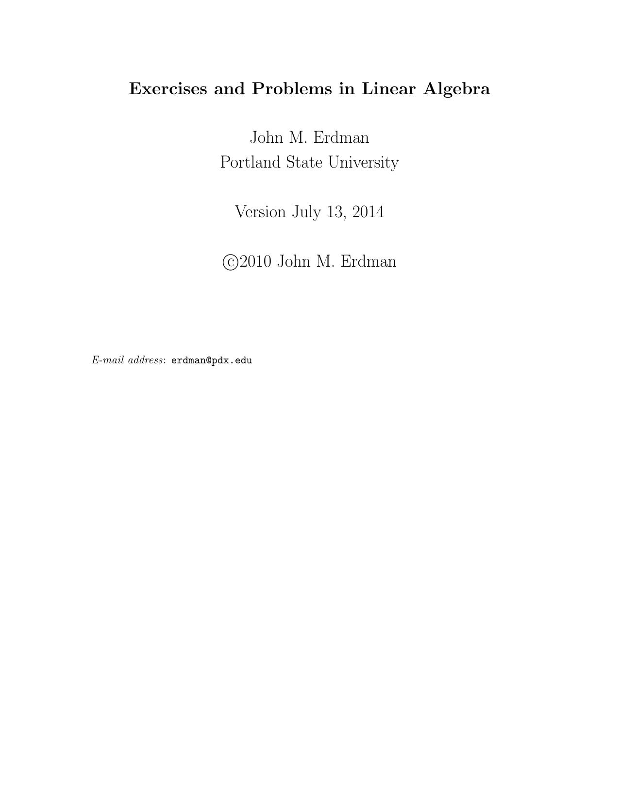 Exercises and Problems in Linear Algebra by John M. Erdman