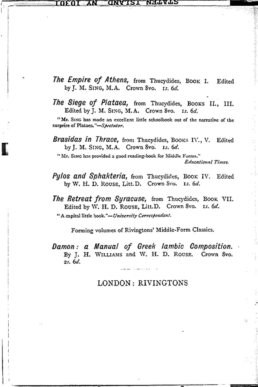Exercises in the Syntax Idiom of Attic Greek by Rouse W.H.D. Sing J.M