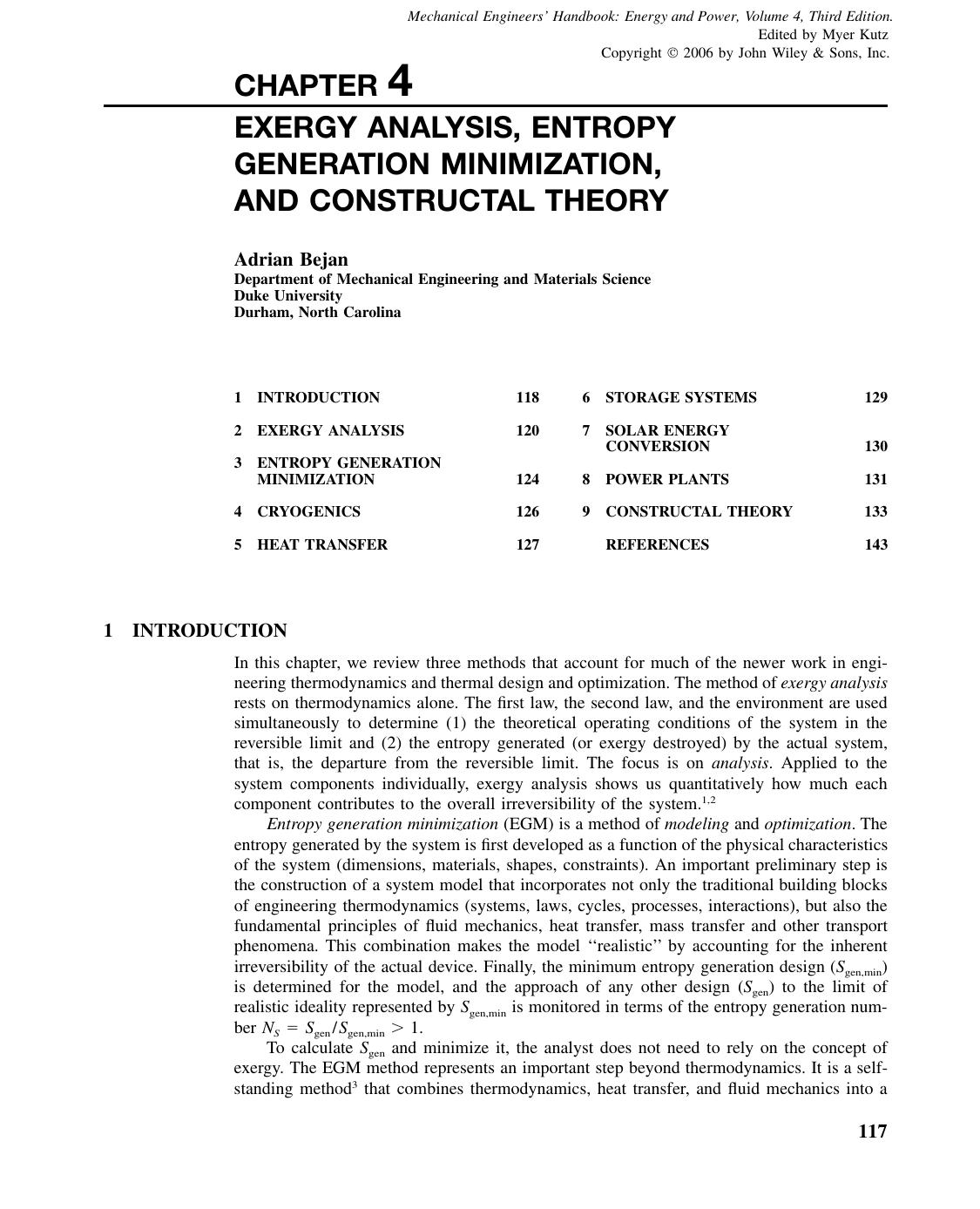 Exergy Analysis, Entropy Generation Minimization, and Constructal Theory by penta