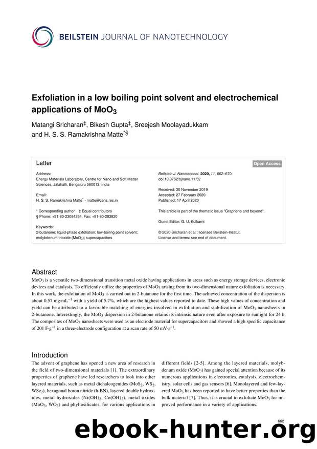 Exfoliation in a low boiling point solvent and electrochemical applications of MoO3 by Matangi Sricharan Bikesh Gupta Sreejesh Moolayadukkam H. S. S. Ramakrishna Matte