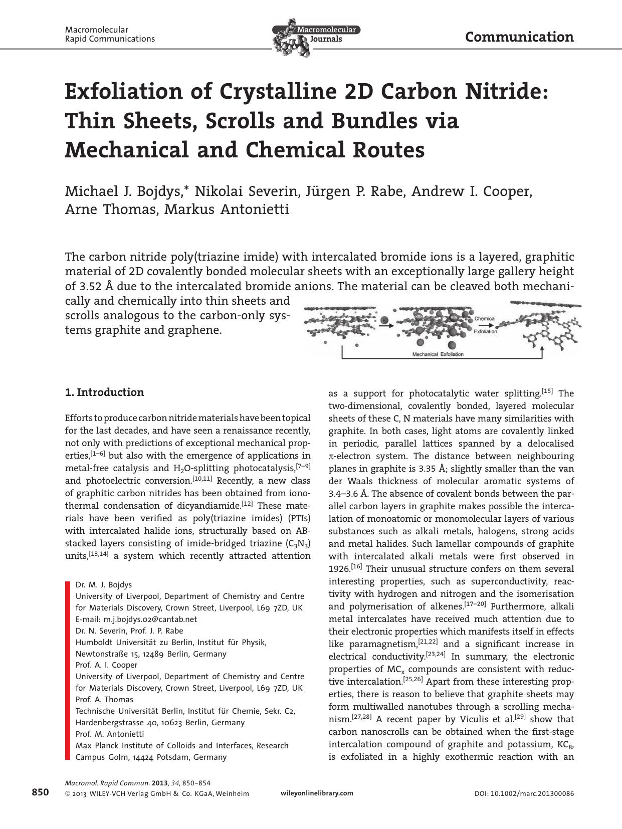Exfoliation of Crystalline 2D Carbon Nitride: Thin Sheets, Scrolls and Bundles via Mechanical and Chemical Routes by wbpm
