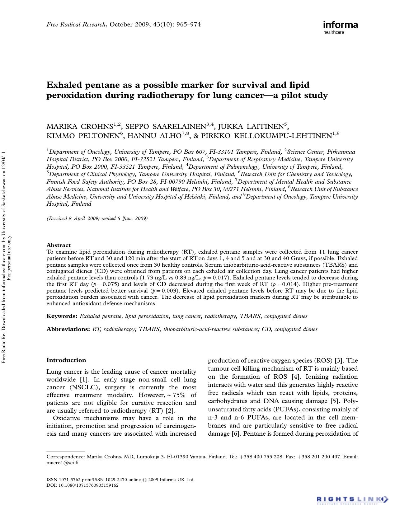 Exhaled pentane as a possible marker for survival and lipid peroxidation during radiotherapy for lung cancerâa pilot study by unknow