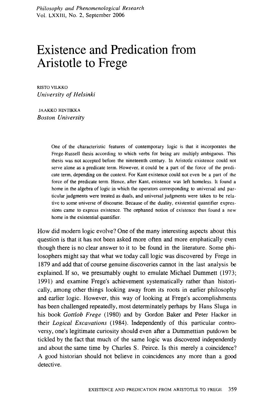 Existence And Predication From Aristotle To Frege by Unknown
