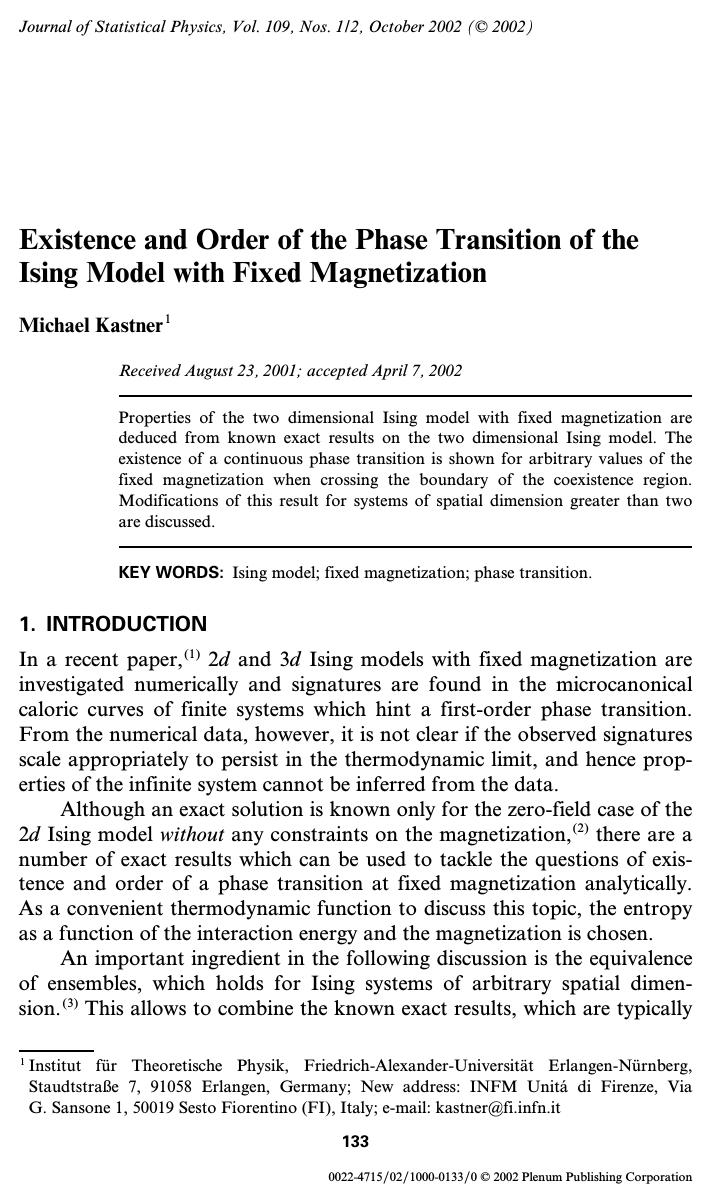 Existence and Order of the Phase Transition of the Ising Model with Fixed Magnetization by Unknown