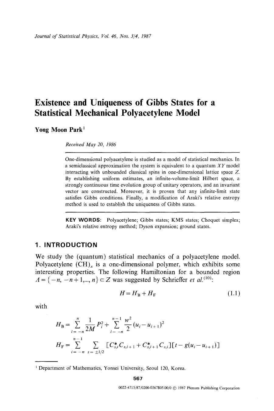 Existence and uniqueness of Gibbs states for a statistical mechanical polyacetylene model by Unknown