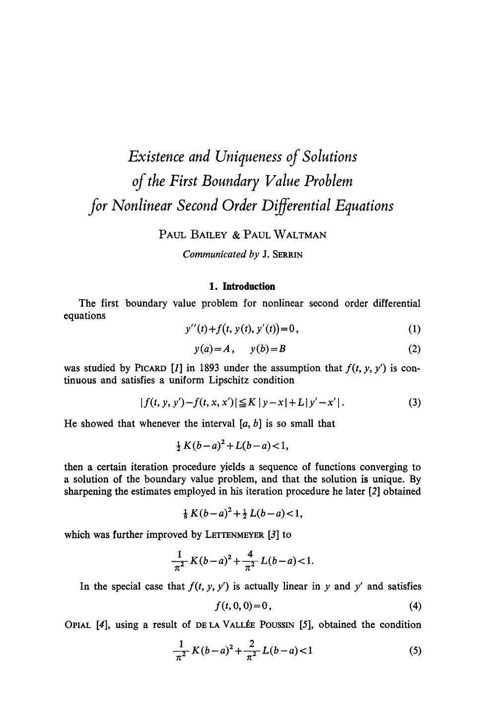 Existence and uniqueness of solutions of the first boundary value problem for nonlinear second order differential equations by Unknown