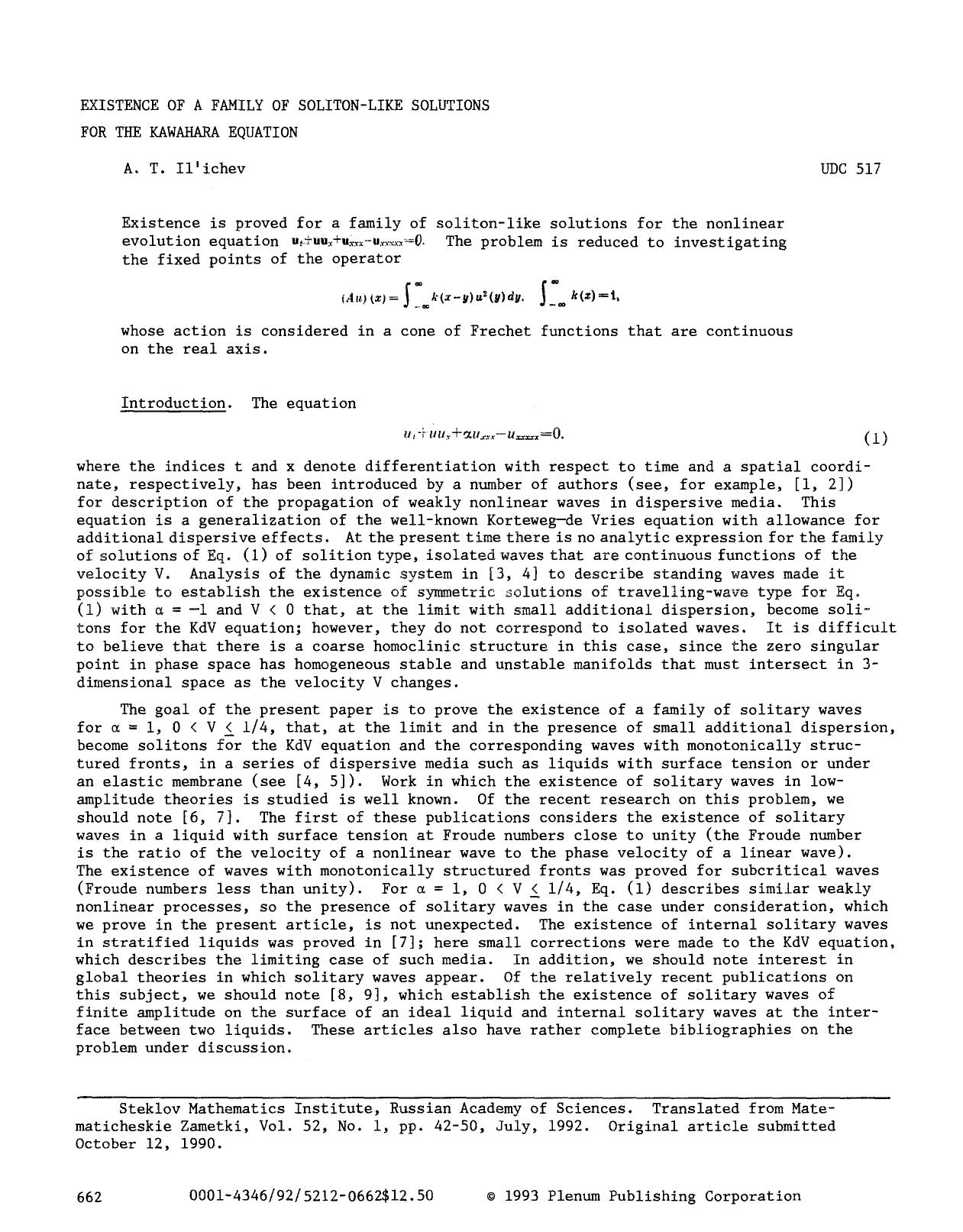 Existence of a family of soliton-like solutions for the Kawahara equation by Unknown