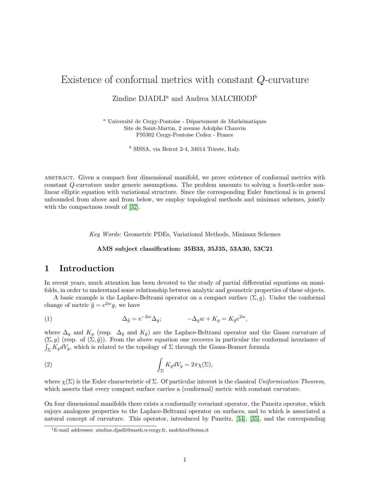 Existence of conformal metrics with constant Q-curvature by Djadli Z. Malchiodi A