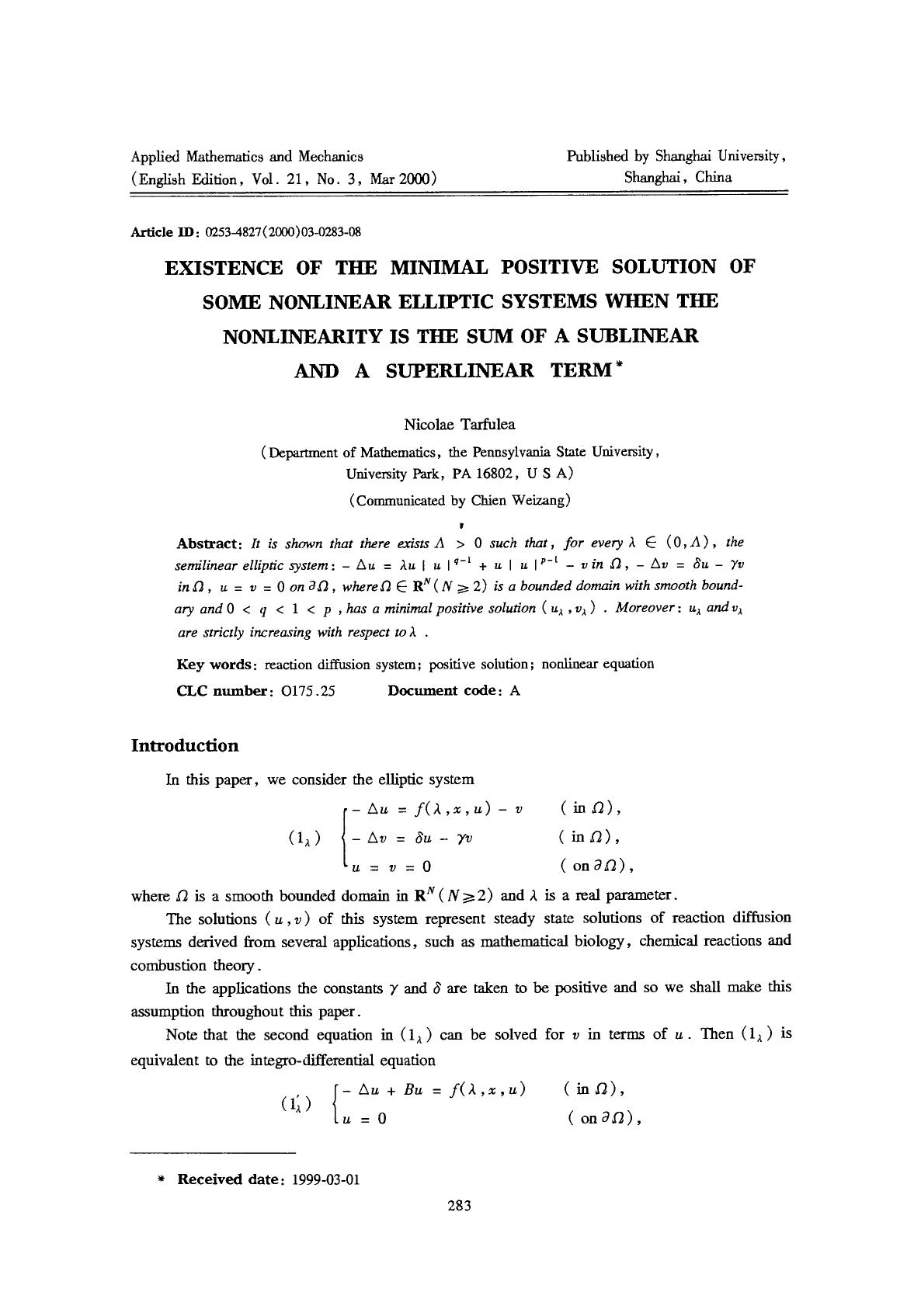 Existence of the minimal positive solution of some nonlinear elliptic systems when the nonlinearity is the sum of a sublinear and a superlinear term by Unknown
