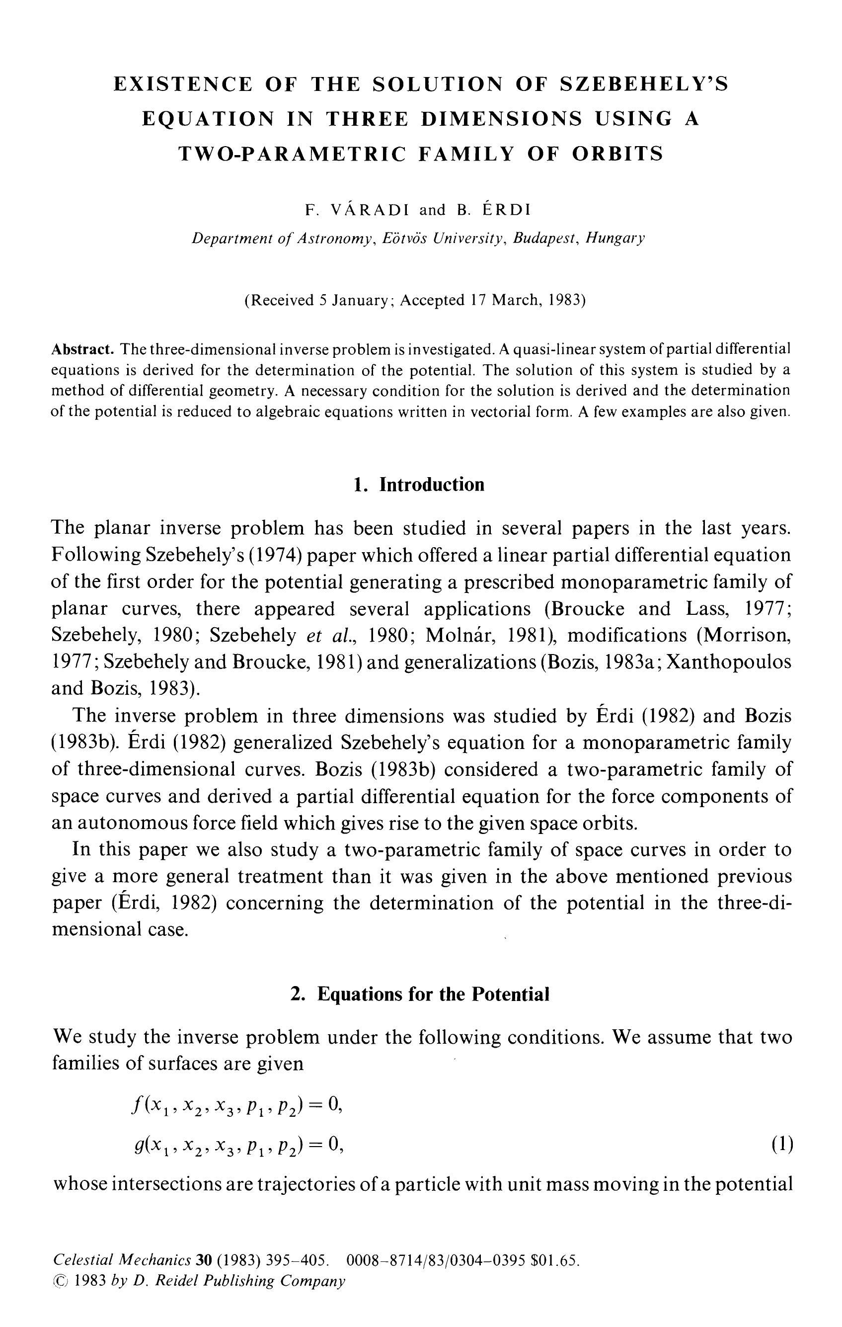 Existence of the solution of Szebehely's equation in three dimensions using a two-parametric family of orbits by Unknown