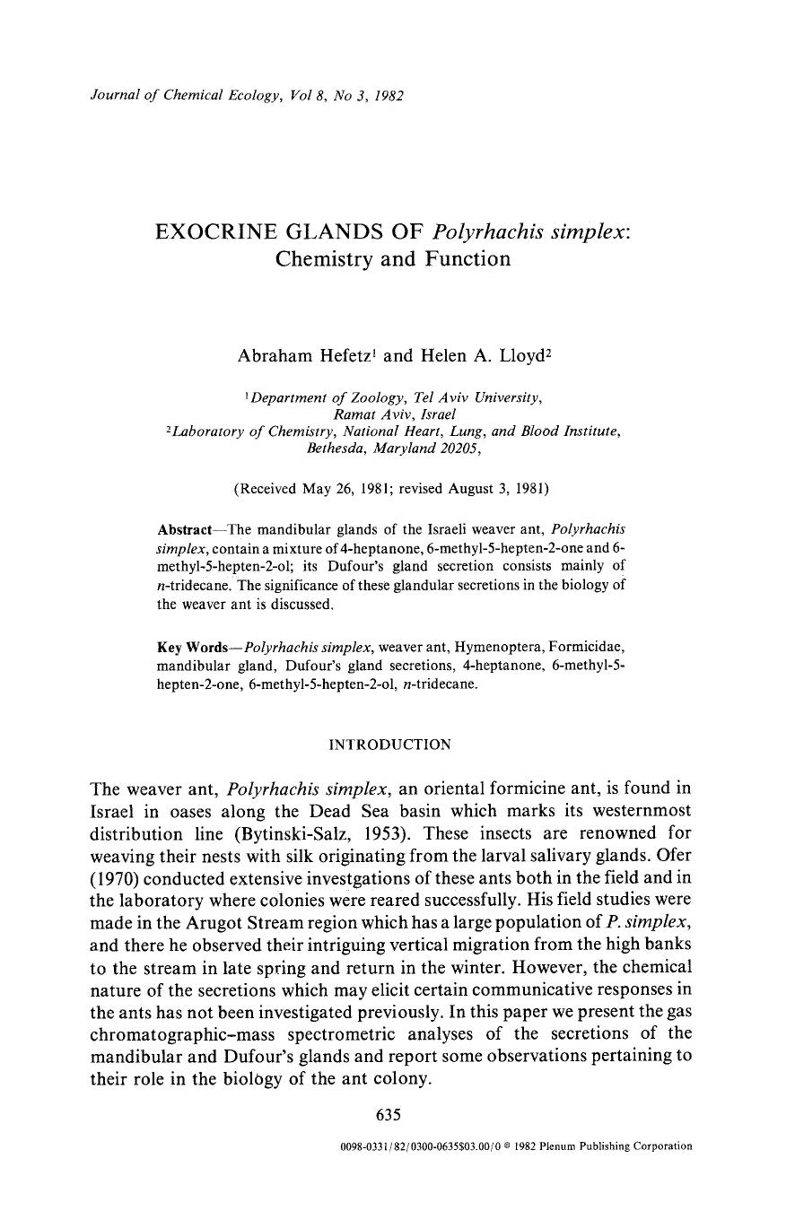 Exocrine glands of <Emphasis Type="Italic">Polyrhachis simplex <Emphasis>: Chemistry and function by Unknown