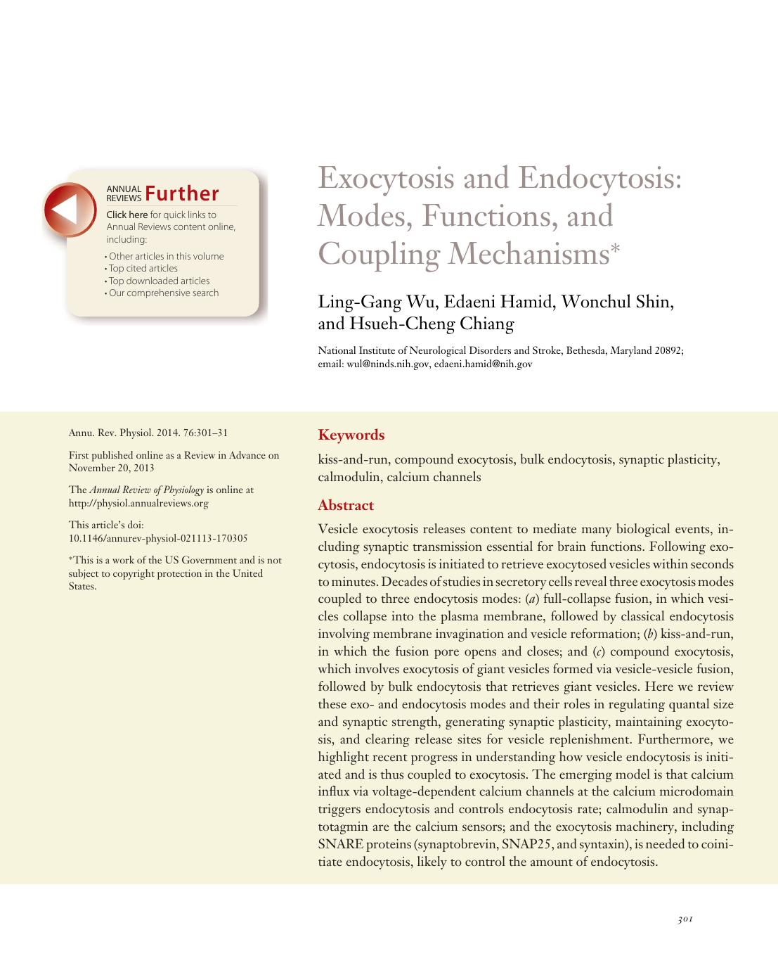 Exocytosis and Endocytosis: Modes, Functions, and Coupling Mechanisms by Ling-Gang Wu Edaeni Hamid Wonchul Shin and Hsueh-Cheng Chiang