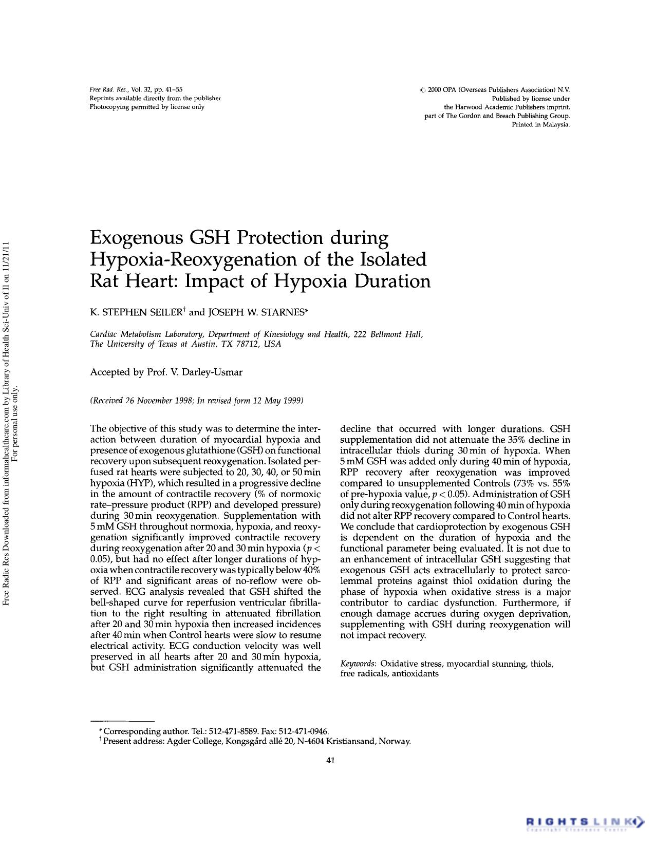 Exogenous GSH protection during hypoxia-reoxygenation of the isolated rat heart: Impact of hypoxia duration by K. Stephen Seiler & Joseph W. Starnes