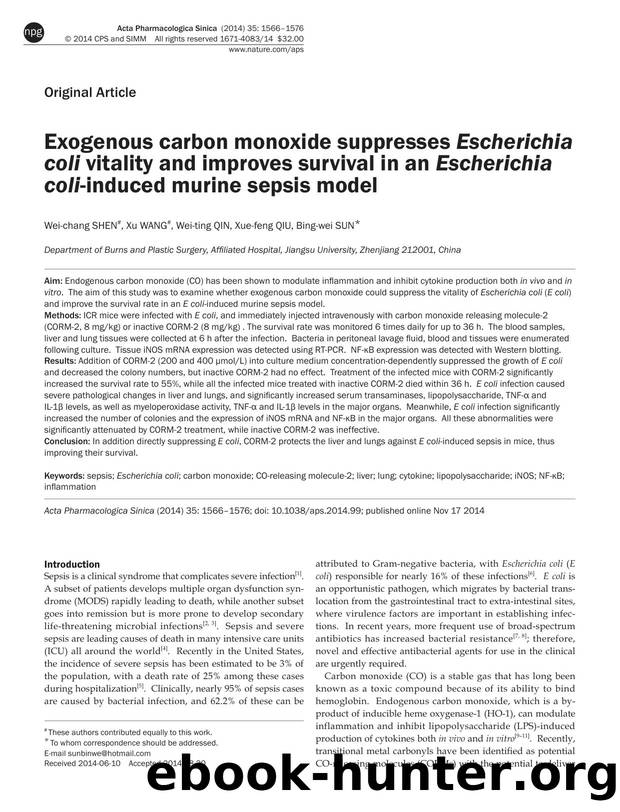 Exogenous carbon monoxide suppresses Escherichia coli vitality and improves survival in an Escherichia coli-induced murine sepsis model by Wei-chang Shen & Xu Wang & Wei-ting Qin & Xue-feng Qiu & Bing-wei Sun