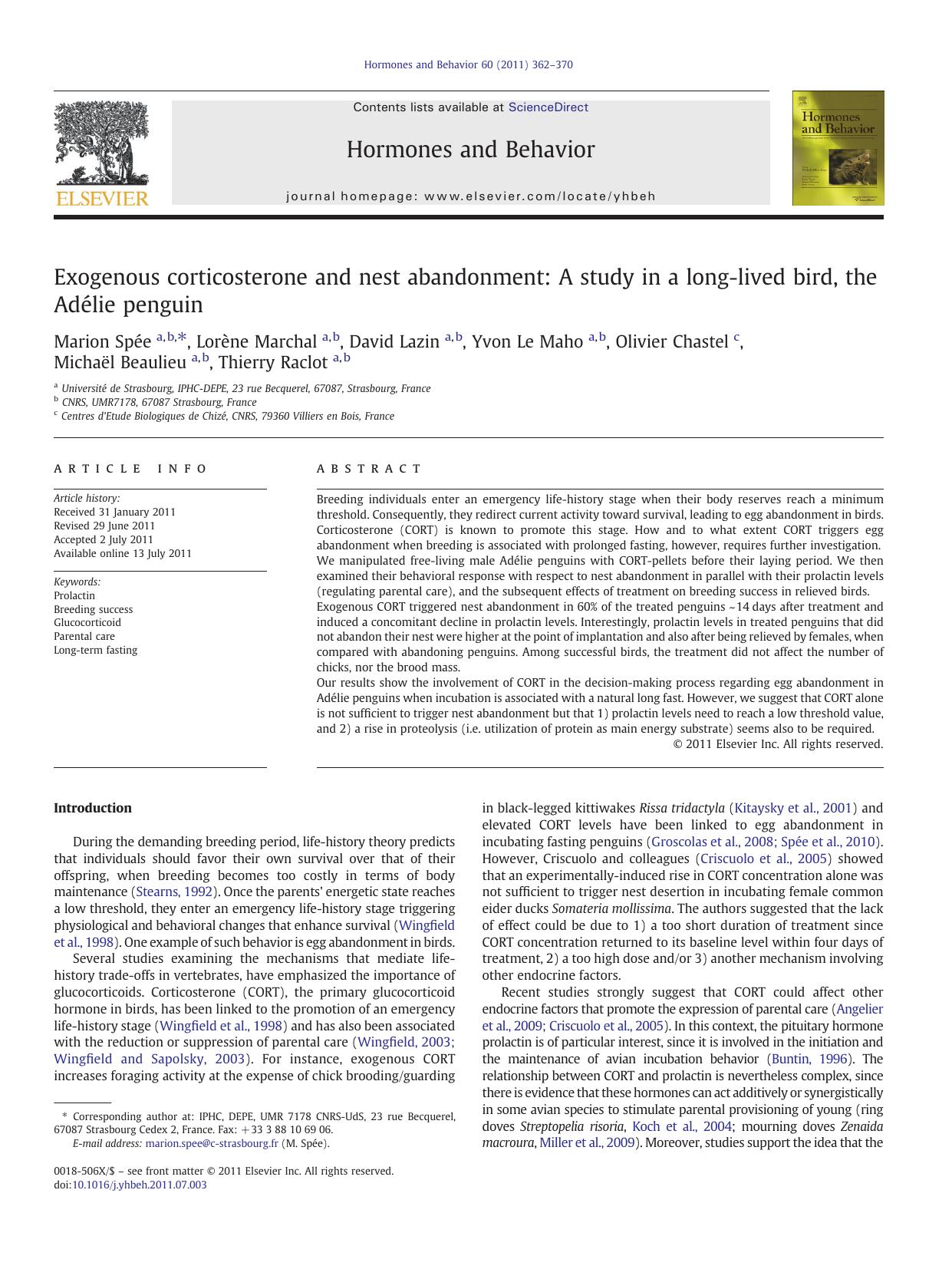 Exogenous corticosterone and nest abandonment: A study in a long-lived bird, the AdÃ©lie penguin by unknow